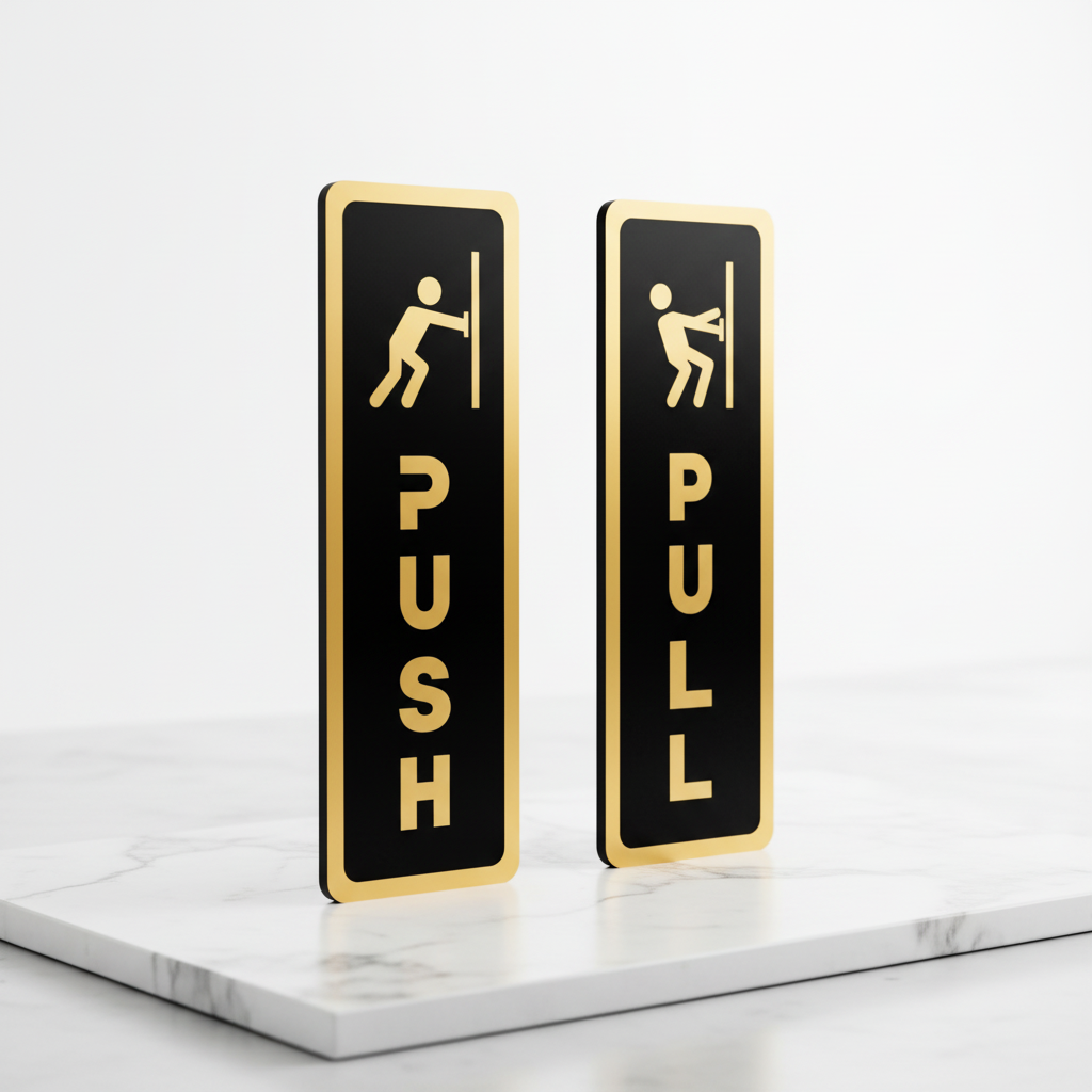 Acrylic Push & Pull Sign Board – Black & Gold Finish (Self-Adhesive)